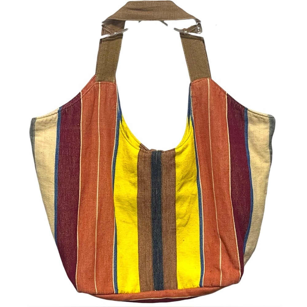 Unique Batik bold, colorful striped handwoven cotton spacious shoulder tote bag - Picture 4 of 7